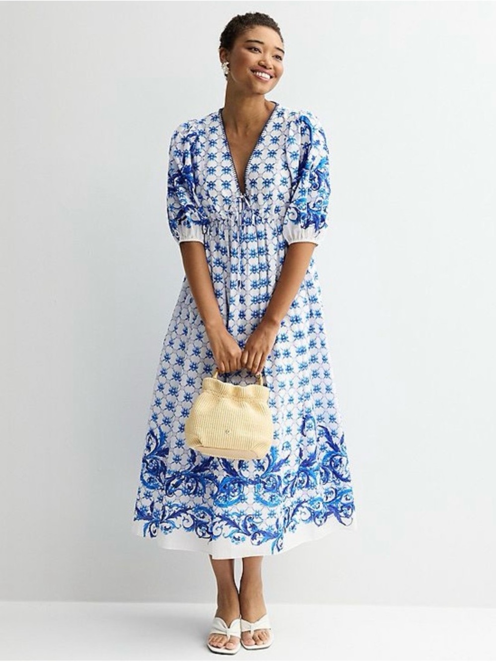 Blue and White V-Neck Printed Midi Dress (100% Cotton)